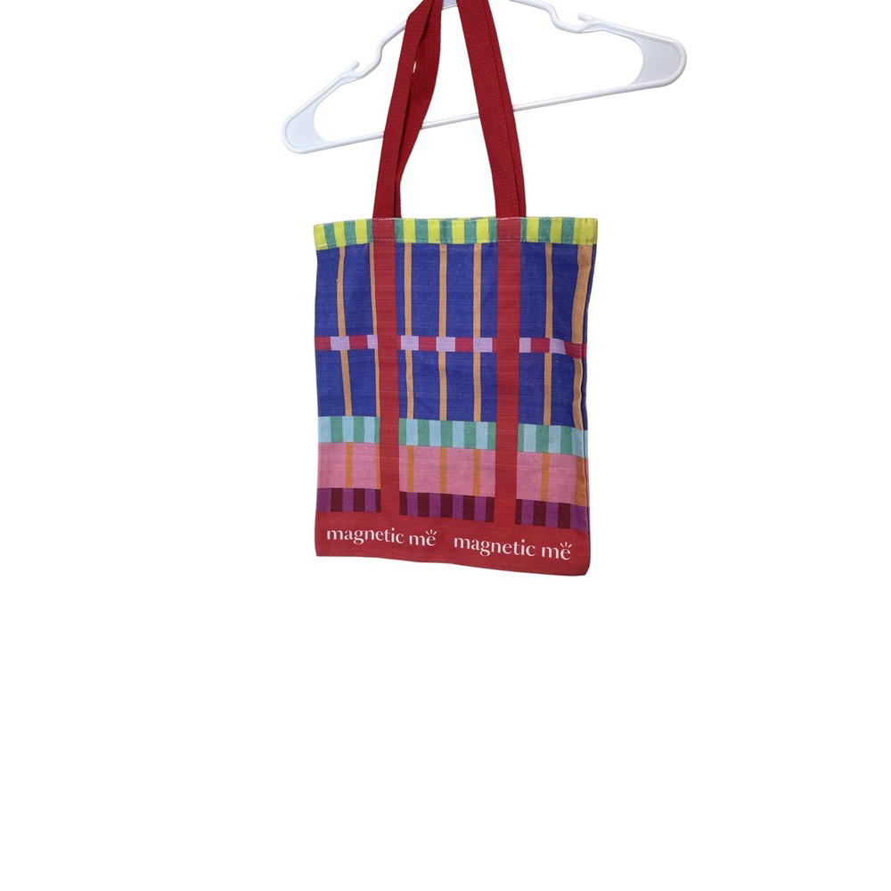 Magnetic Me Tote Bag Womens Medium Multicolor Stripe Canvas Red Handles Colorful
